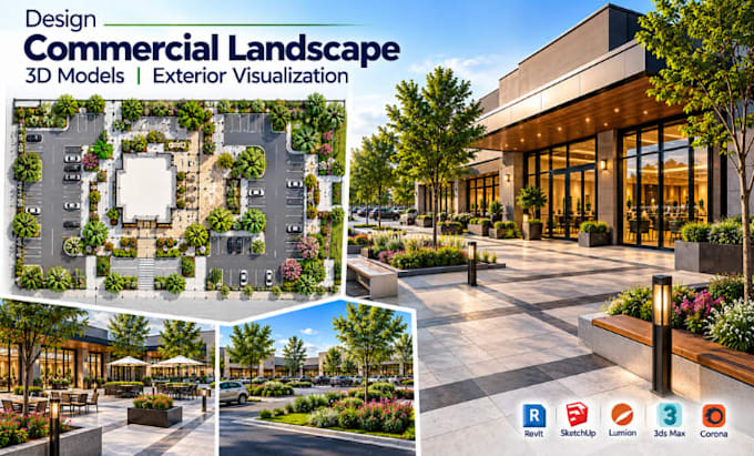design commercial landscape 3d models, exterior visualisation