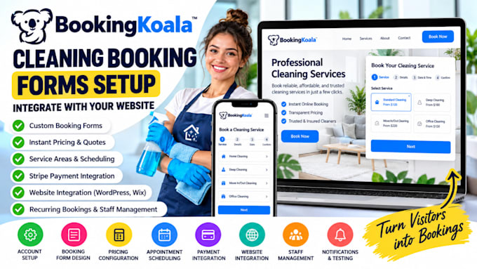 set up bookingkoala cleaning booking forms and integrate with wordpress or wix