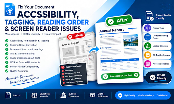 fix PDF accessibility, tagging, order, reading and screen reader issues
