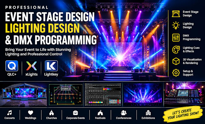 do event stage design, lighting design and dmx programming qlc, xlight, lightkey