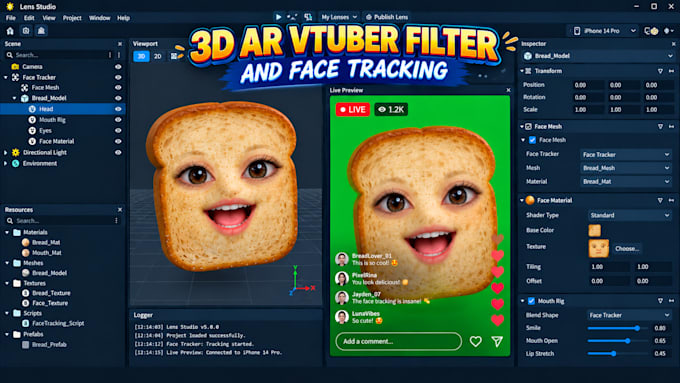 create custom 3d ar vtuber filter burnt peanut face tracking lens studio stream