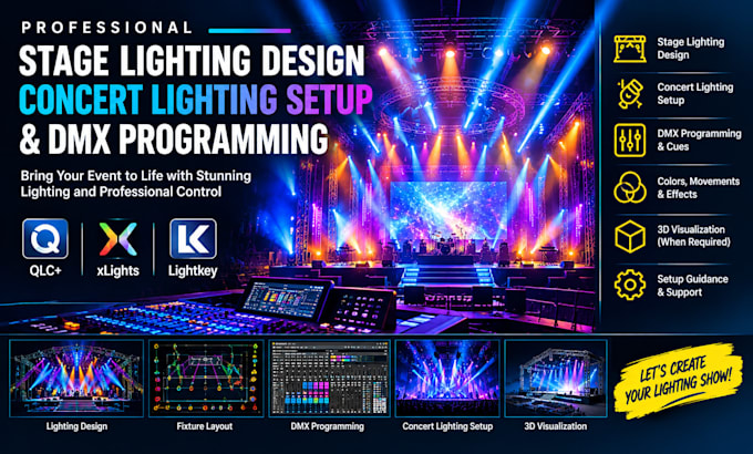 create stage lighting design concert lighting setup and dmx programming cues