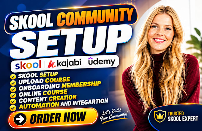 do skool community setup, online course content upload and community manager