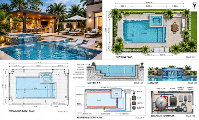 design swimming pool plans, sections and mep layouts