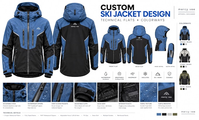 design custom ski jackets with professional technical flats for manufacturing