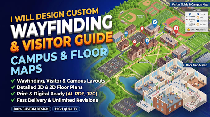 design custom wayfinding maps, visitor guide maps, campus maps and floor maps