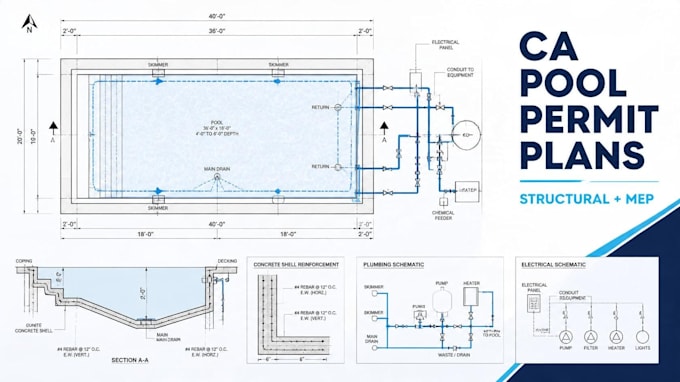 stamp swimming pool permit drawings with structural and mep permit plan id pa ca