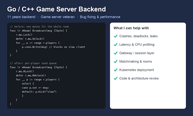 fix bugs and optimize your golang or cpp game server backend