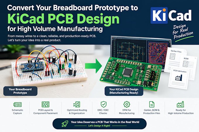 convert breadboard prototype to kicad pcb design for high volume manufacturing