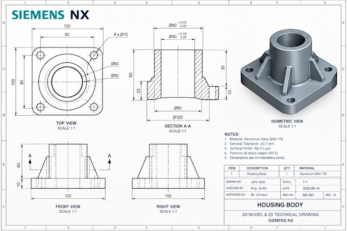 create 3d cad models and 2d technical drawings using siemens nx