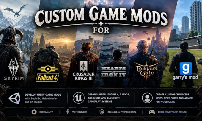 develop custom game mods for skyrim, fallout 4, ck3, ho14,bg3, and gmod