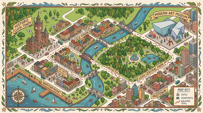 create tourist maps, travel maps, destination maps, illustrated visitor guides