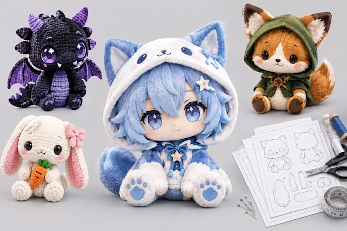 Design custom plush toy, ych amigurumi, stuffed animal doll and sewing ...