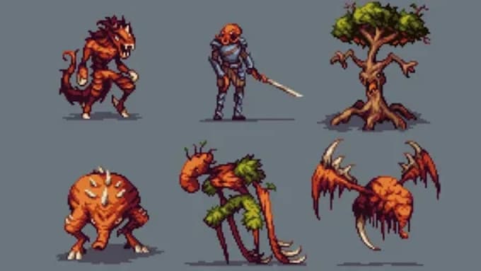 design retro 2d pixel art, tilesets, and game sprite sheets