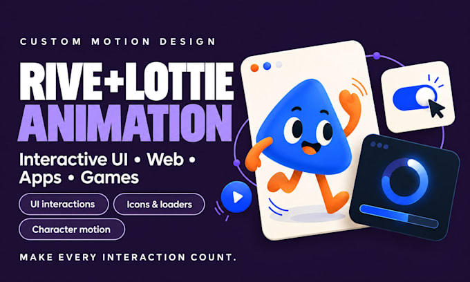 create custom rive, lottie json animation, interactive ui, game, web animation