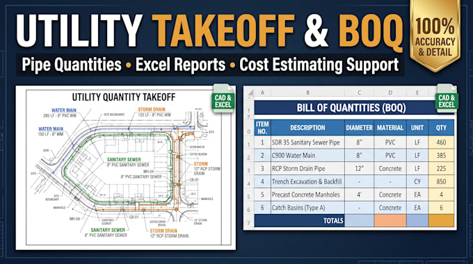 prepare water sewer and storm utility quantity takeoffs and boq