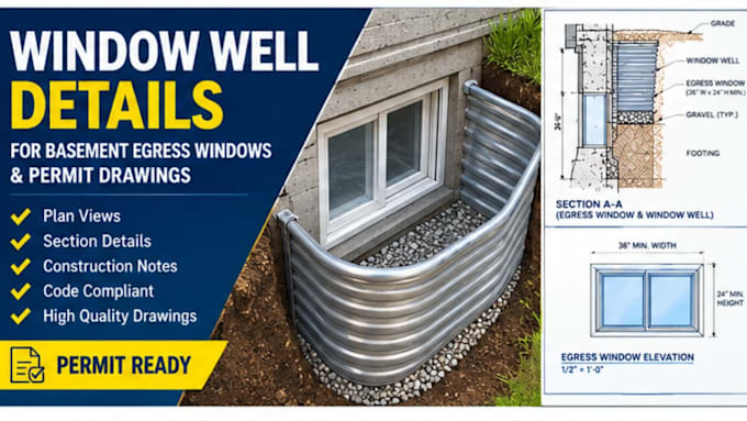 draft basement egress window plans, window well details and permit drawings