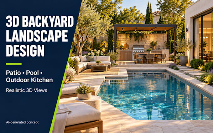 design 3d backyard landscape patio, pool and outdoor kitchen rendering autocad