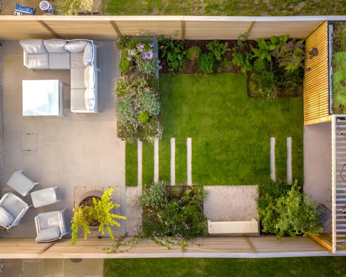design small garden layouts with planting paths seating and 3d visualization