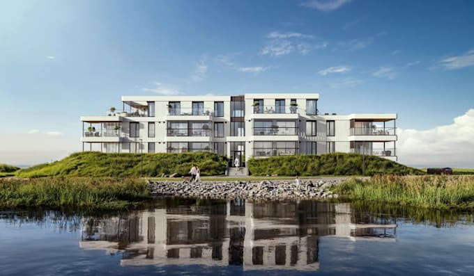 redesign seaside residential building, exterior cladding, cgi landscape render