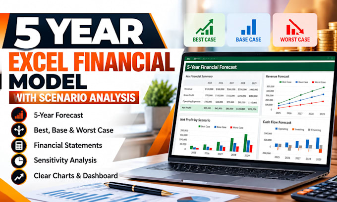 create a 5 year excel financial model with scenario analysis