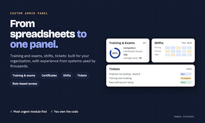 build a custom admin panel for training, shift or ticket management