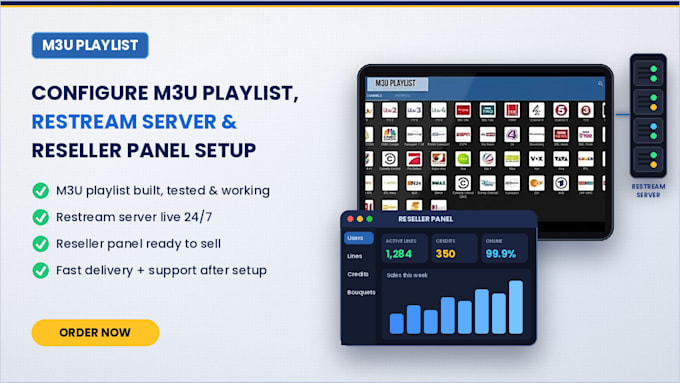 configure m3u playlist, restream server and reseller panel setup