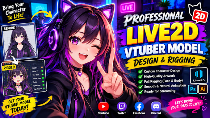 design and rig pro live 2d vtuber model for streaming