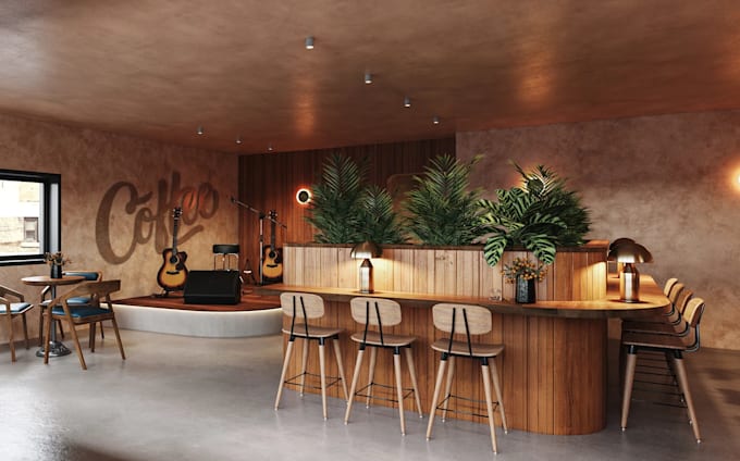 render interior design,coffee shop,3d restaurant layout,cgi cafe interior design