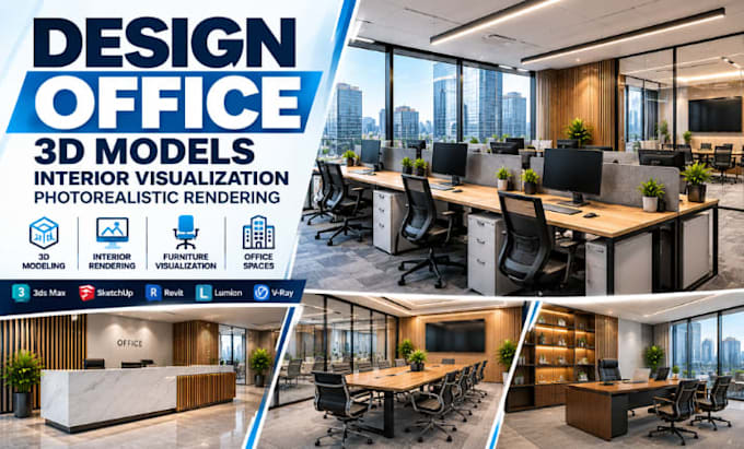 design office 3d models, interior visualisation, photorealistic rendering