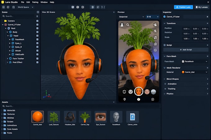 create 3d ar vtuber filter with face tracking for streamfog obs in lens studio