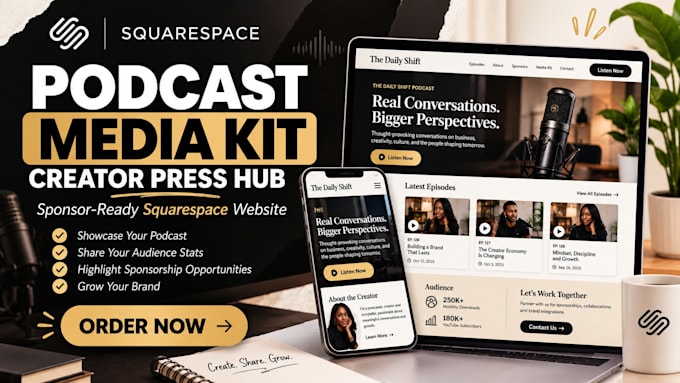 design a squarespace podcast media kit and creator press hub