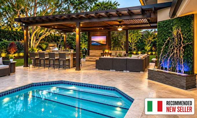 do backyard landscape design 3d pool patio pergola outdoor kitchen 4k rendering
