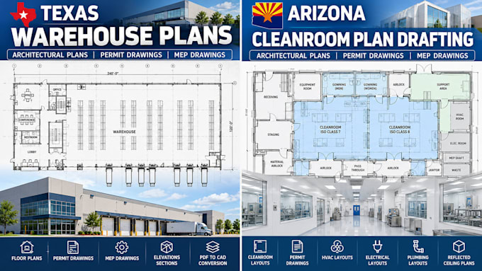 draft arizona cleanroom plans, permit drawings architectural plan and mep layout