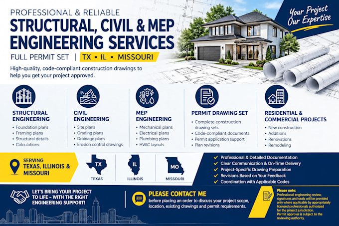 structural engineer full permit set civil engineer mep tx, ny, missouri permit