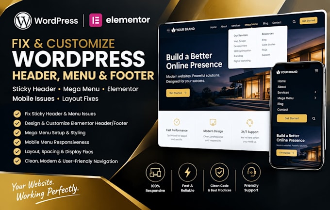 fix wordpress sticky header, elementor menu, mega menu, footer and mobile issues
