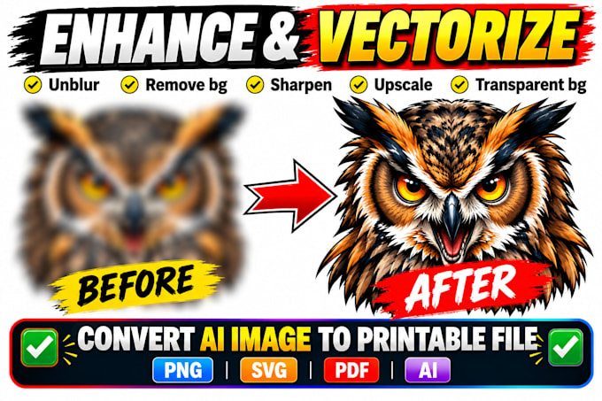 upscale blury logo, enhance, vector, sharpen, redraw, ai image to printable file