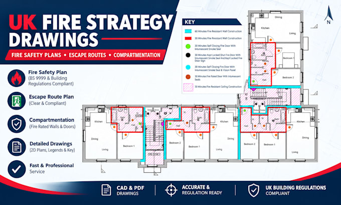 create UK fire compartmentation drawings and fire stopping plans