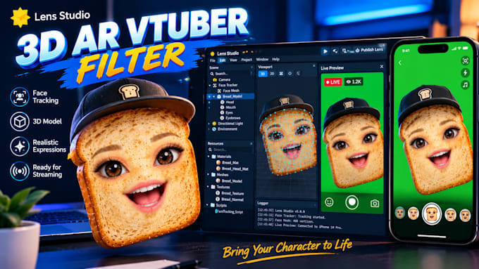create 3d ar vtuber filter with face tracking for streamfog obs in lens studio