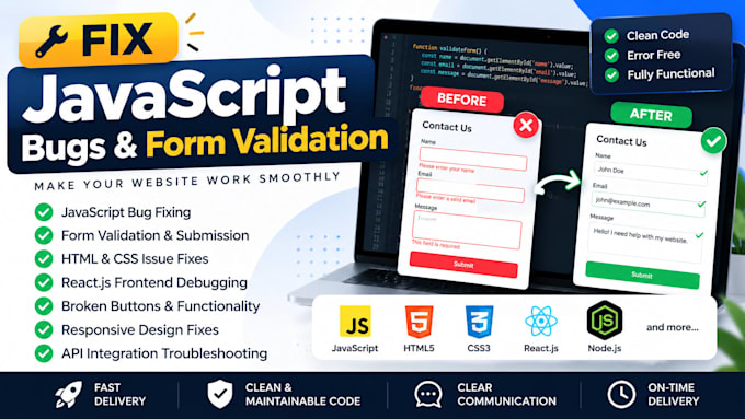 fix javascript form validation and HTML CSS bugs on your website