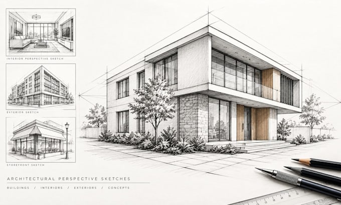 draw architectural perspective sketches for buildings and interiors