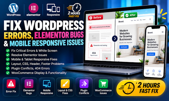 fix wordpress errors, elementor bugs and mobile responsive issues in 2 hours