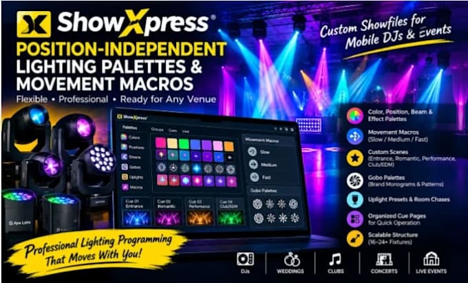 create position independent showxpress lighting palettes and movement macros