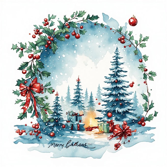 draw christmas card, invitation with watercolor