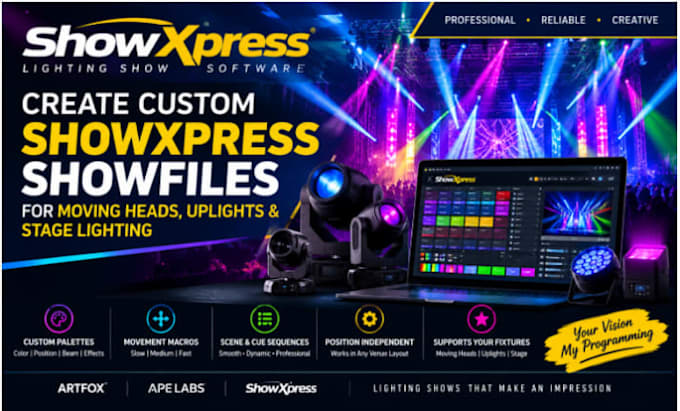 create custom showxpress showfiles for moving heads uplights and stage lighting