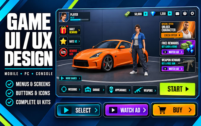 design custom game UI UX menus and hud