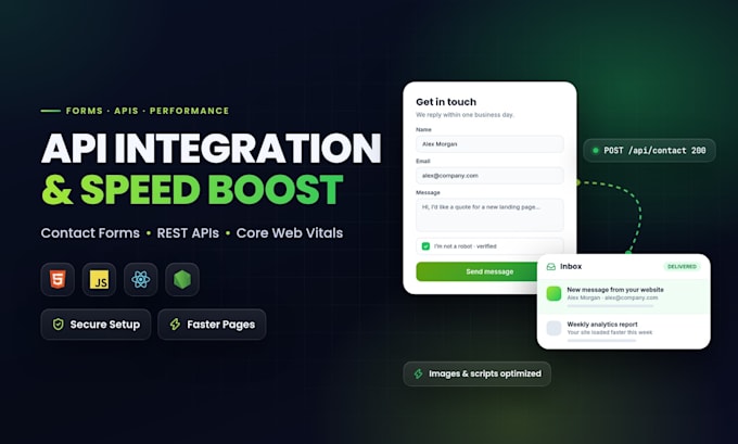 do API integration, contact form setup and website speed optimization