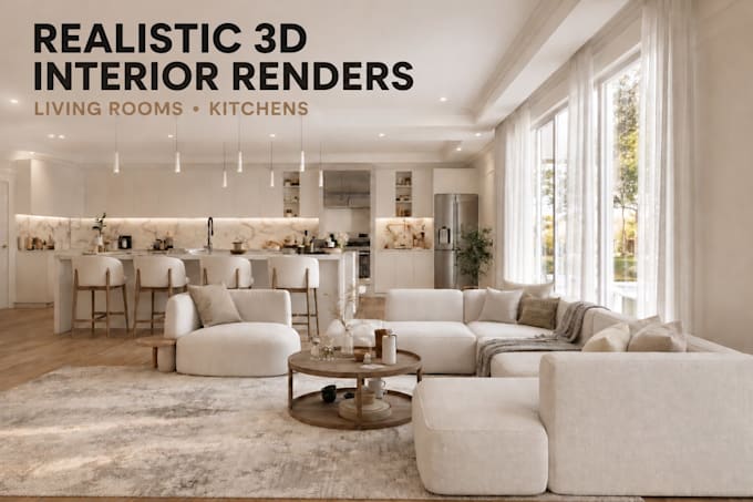 do 3d interior rendering for living and kitchen