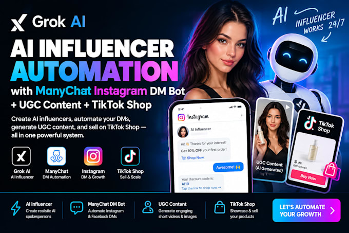 grok bot ai influencer automate manychat instagram dm botugc content tiktok shop