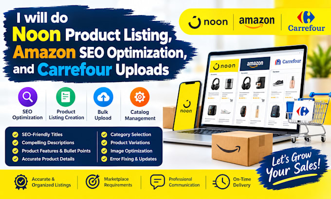do noon product listing, amazon SEO optimization, and carrefour upload